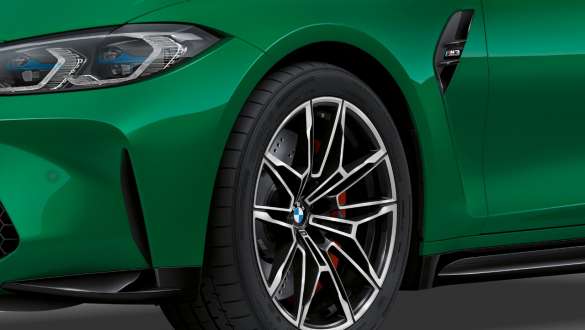 Θόλοι μπροστινών τροχών, BMW M3 Sedan, G80 2020 BMW M3 Sedan, G80 2020, πράσινο Isle of Man, θόλοι μπροστινών τροχών, κοντινή λήψη