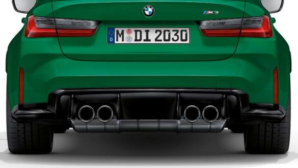 Απολήξεις εξάτμισης σε χρώμιο, BMW M3 Sedan, G80, 2020 BMW M3 Sedan, G80, 2020, πράσινο Isle of Man μεταλλικό, απολήξεις εξάτμισης σε χρώμιο, πίσω λήψη