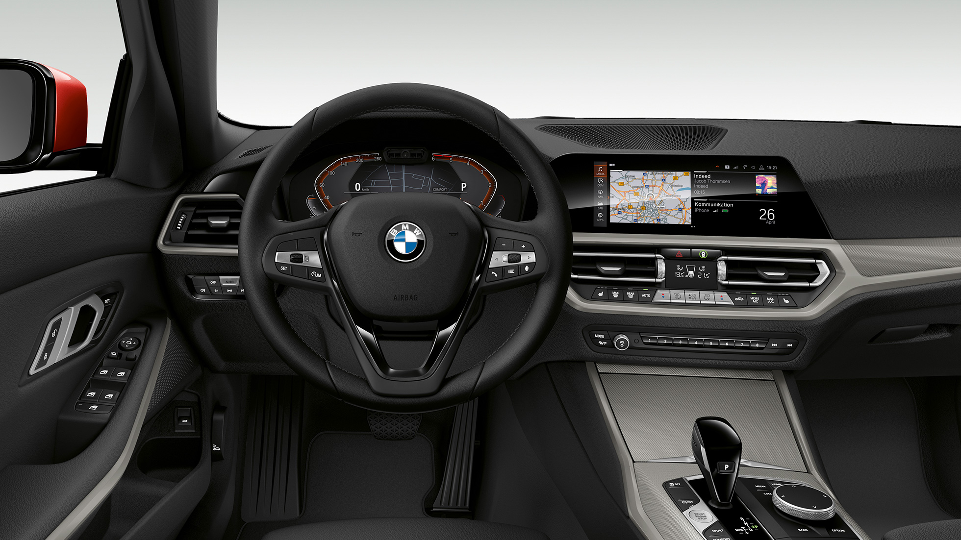 BMW Σειρά 3 Sedan, Έκδοση Advantage, κόκπιτ. Μετωπική κοντινή λήψη της θέσης οδηγού στην BMW Σειρά 3 Sedan με στοιχεία εξοπλισμού της Έκδοσης Advantage.