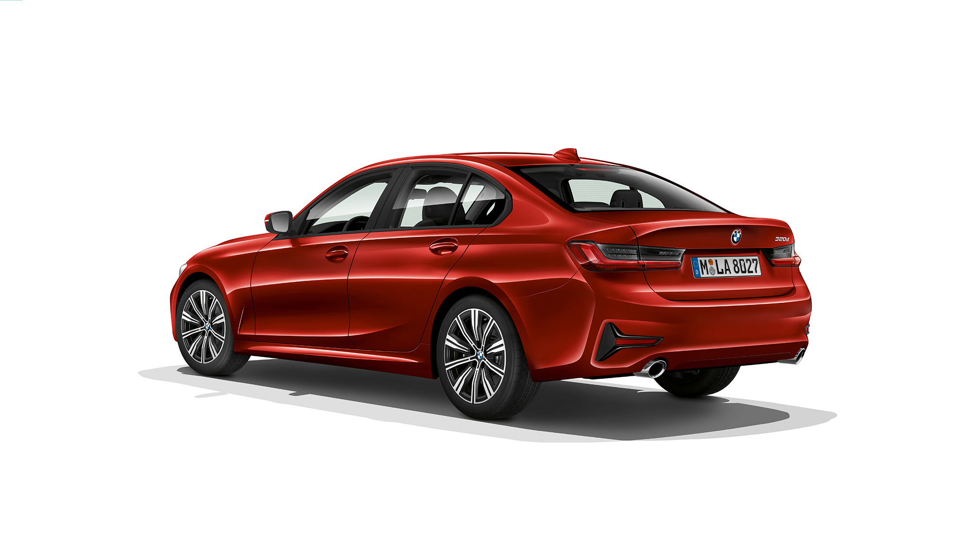 BMW Σειρά 3 Sedan, Έκδοση Advantage, πίσω τμήμα. Πίσω λήψη τριών τετάρτων της BMW Σειράς 3 Sedan με στοιχεία εξοπλισμού της Έκδοσης Advantage.