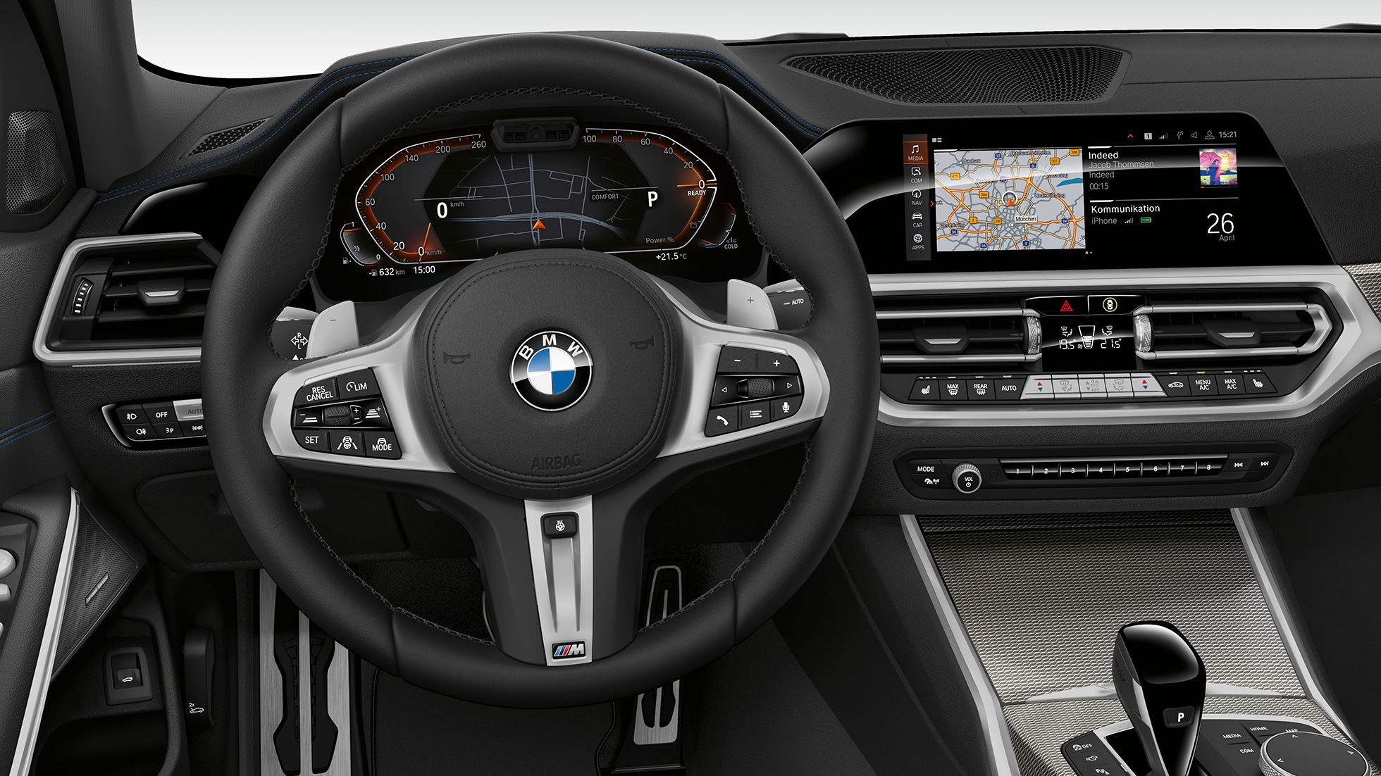 BMW Σειρά 3 Sedan, Έκδοση Sport Line, κόκπιτ. Μετωπική κοντινή λήψη της θέσης οδηγού στην BMW Σειρά 3 Sedan με στοιχεία εξοπλισμού της Έκδοσης Sport Line.