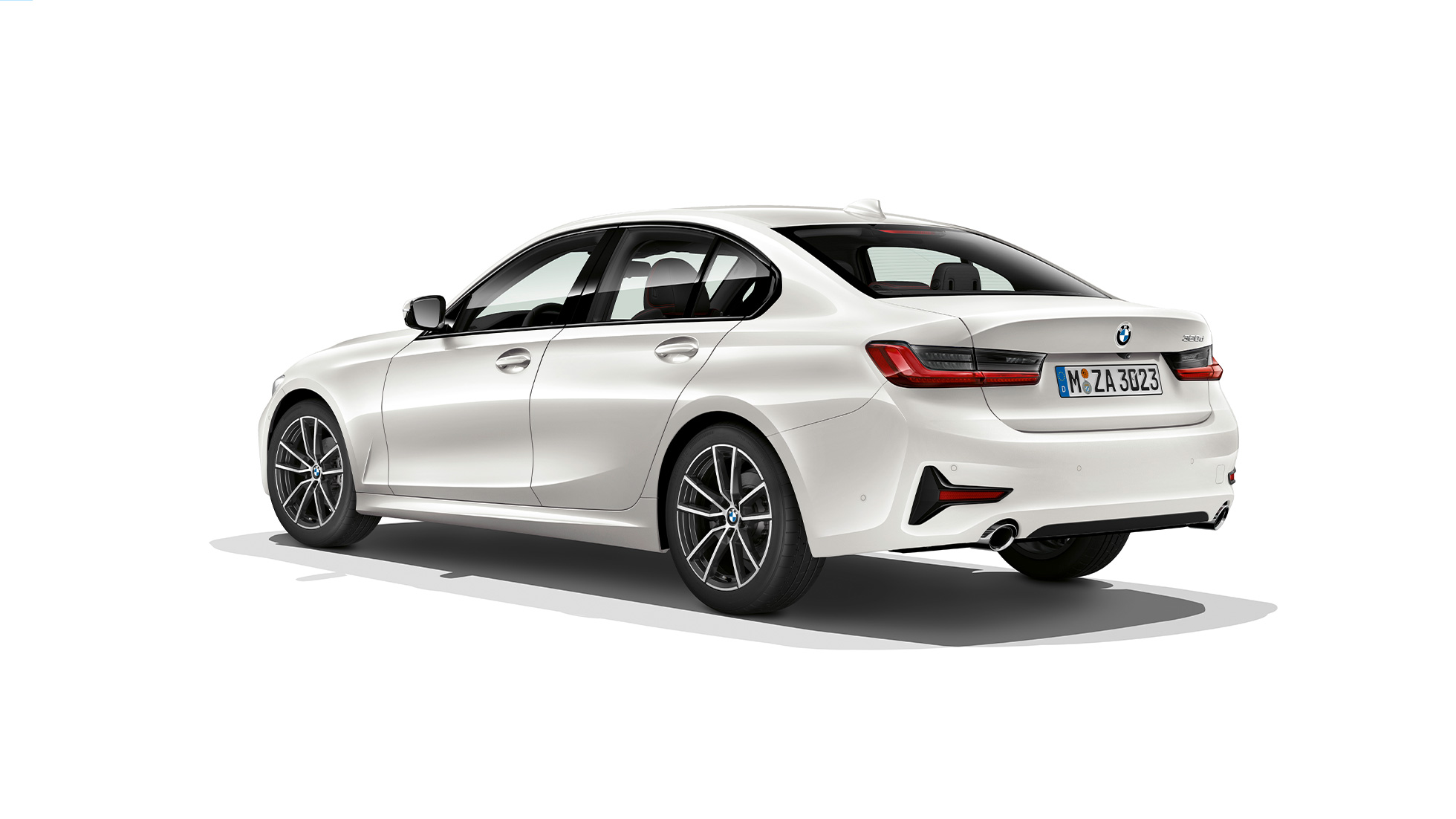 BMW Σειρά 3 Sedan, Έκδοση Sport Line, πίσω τμήμα. Πίσω λήψη τριών τετάρτων της BMW Σειράς 3 Sedan με στοιχεία εξοπλισμού της Έκδοσης Sport Line.