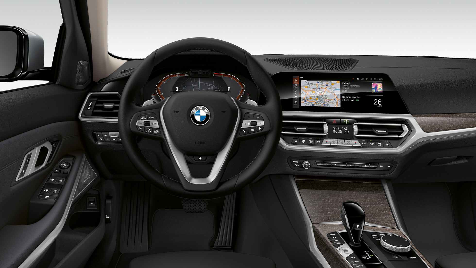 BMW Σειρά 3 Sedan, Έκδοση Luxury Line, κόκπιτ. Μετωπική κοντινή λήψη της θέσης οδηγού στην BMW Σειρά 3 Sedan με στοιχεία εξοπλισμού της Έκδοσης Luxury Line.
