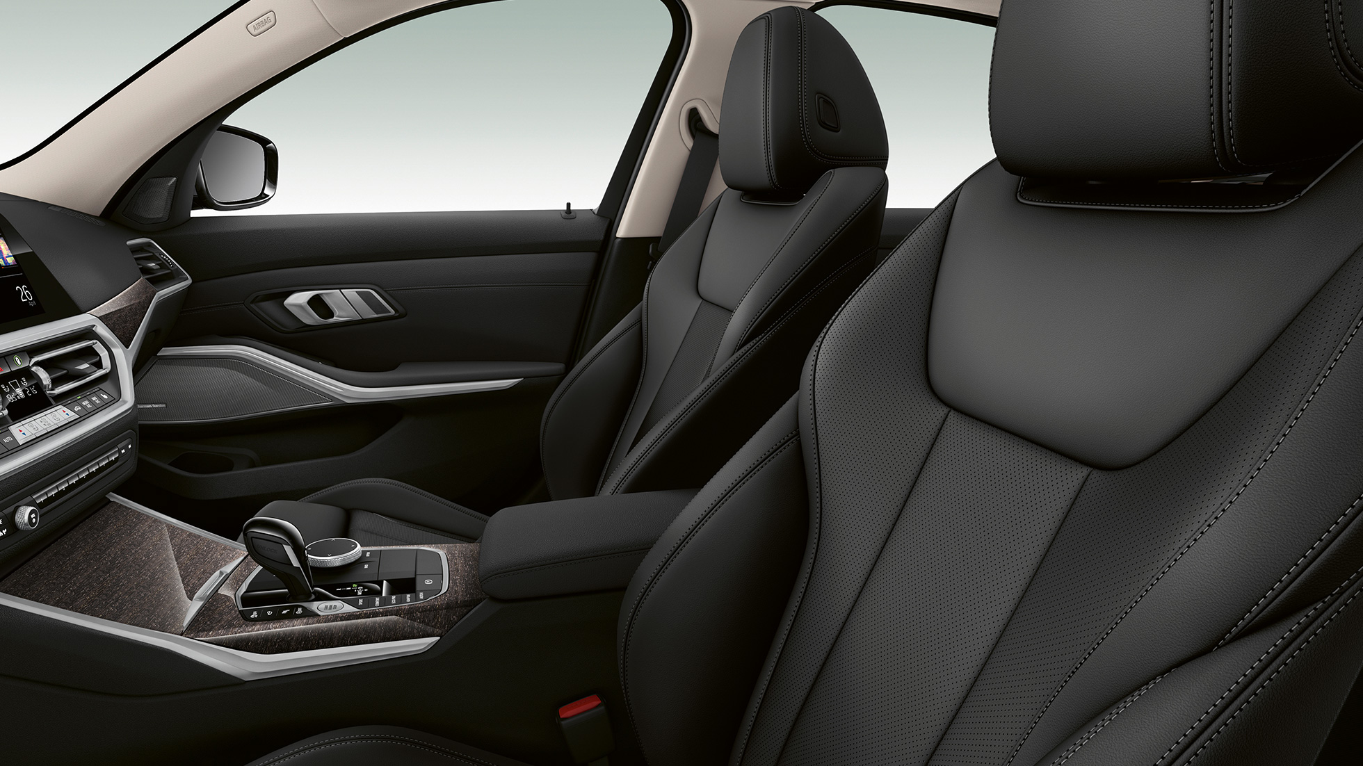BMW Σειρά 3 Sedan, Έκδοση Luxury Line, μπροστινά καθίσματα. Πλαϊνή κοντινή λήψη των μπροστινών καθισμάτων στην BMW Σειρά 3 Sedan με στοιχεία εξοπλισμού της Έκδοσης Luxury Line.