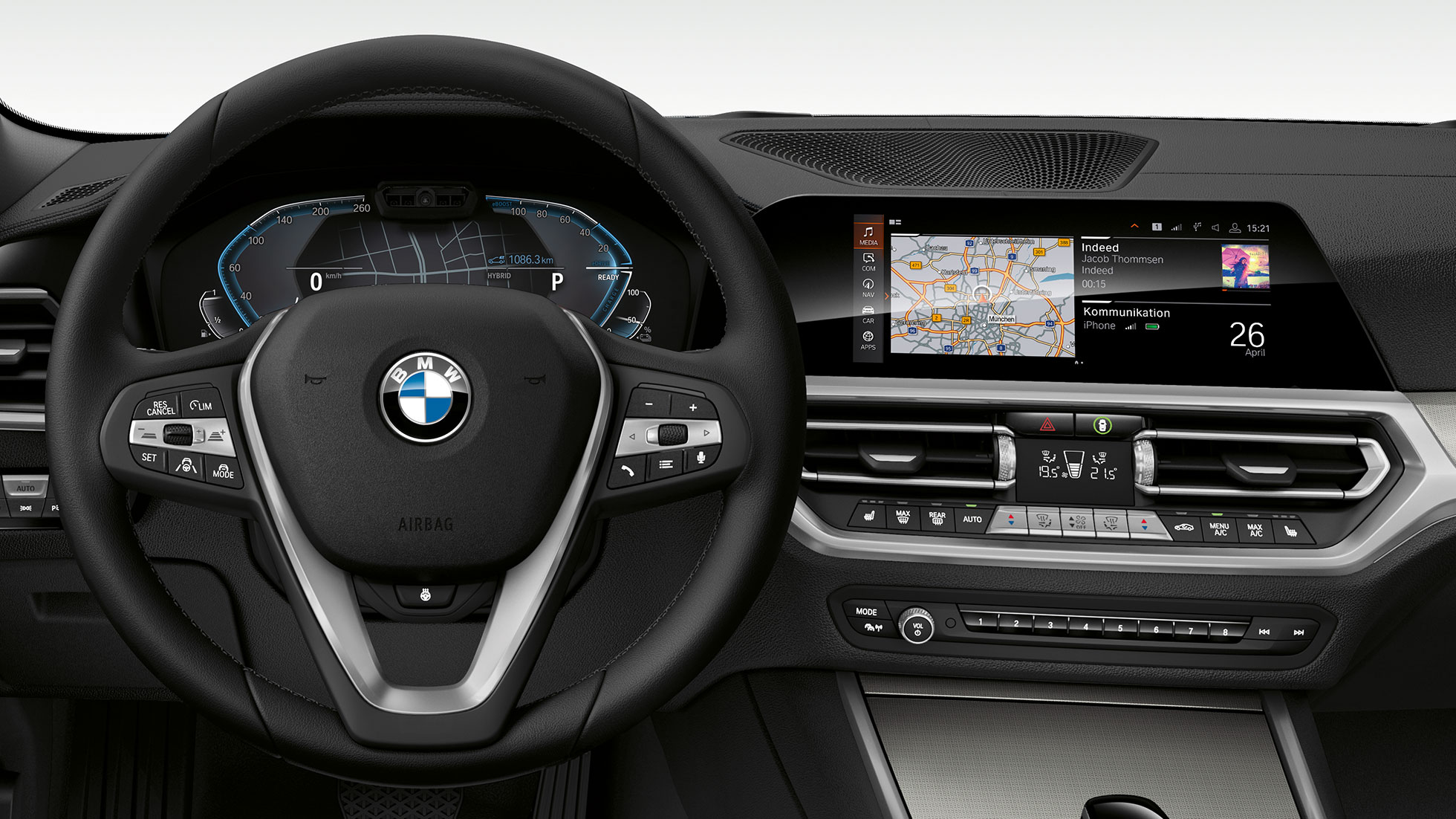 BMW Σειρά 3 Sedan, κόκπιτ. Λεπτομερής μπροστινή όψη του κόκπιτ της BMW Σειράς 3 Sedan με ενδείξεις i.