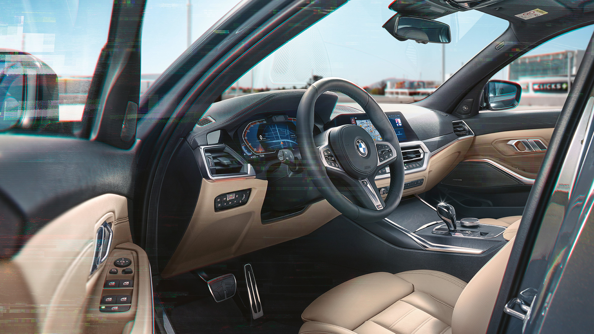 BMW Σειρά 3 Touring, λεπτομερής προβολή του κόκπιτ BMW Σειρά 3 Touring, λεπτομερής προβολή του κόκπιτ, μπροστά από αστικό σκηνικό