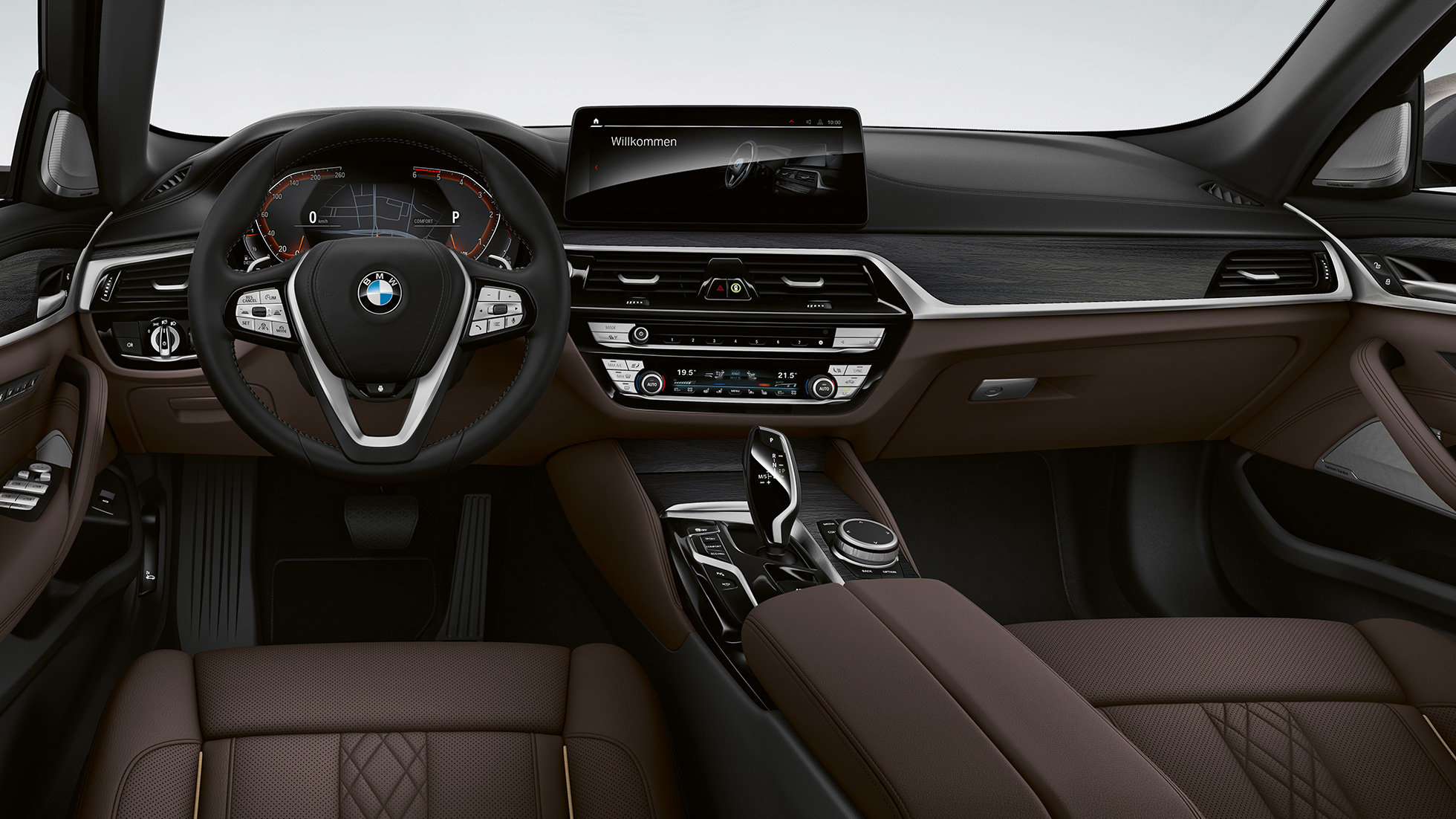 Cockpit, BMW Σειρά 5 Sedan, G30, Luxury Line Cockpit, BMW Σειρά 5 Sedan 520d xDrive, G30, 2020, Luxury Line, δέρμα 'Nappa' σε χρώμα Mokka, αποκλειστικές ραφές σε χρώμα αντίθεσης, εσωτερικό