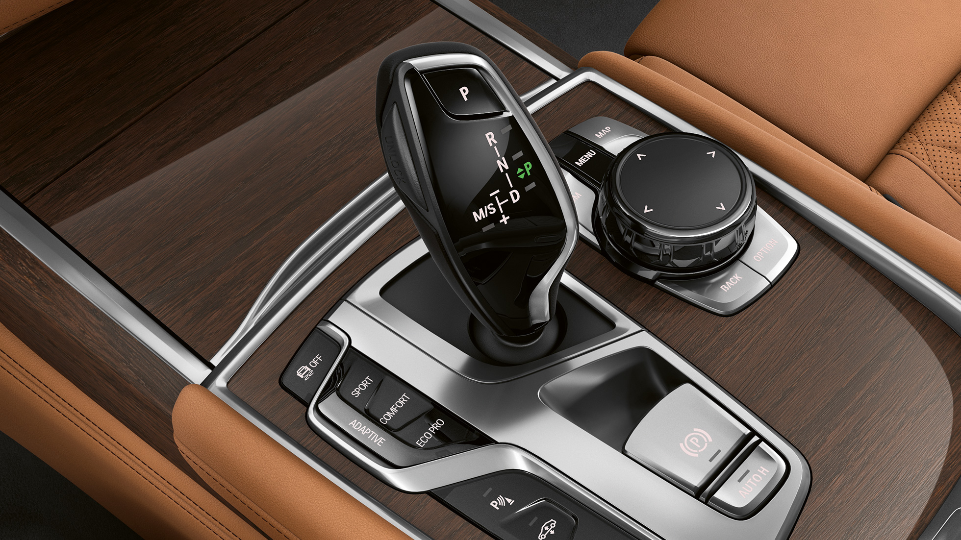 BMW Σειρά 7 Sedan με πακέτο εξωτερικού εξοπλισμού Design Pure Excellence, επιλογέας σχέσεων BMW Σειρά 7 Sedan με πακέτο εξωτερικού εξοπλισμού Design Pure Excellence: κοντινή λήψη επιλογέα σχέσεων