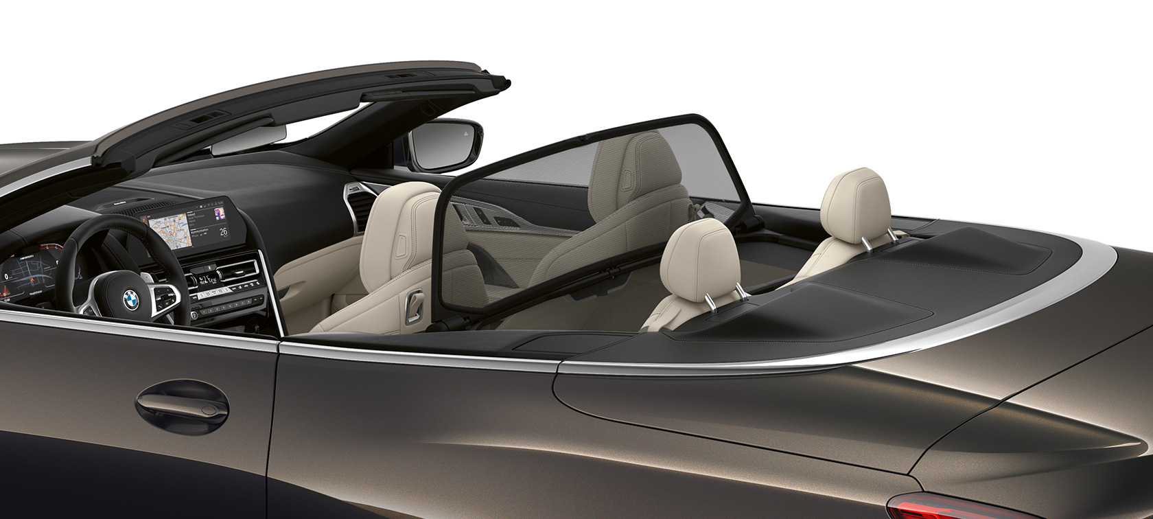 BMW M850i xDrive, γκρι Dravit μεταλλικό, πλαϊνή όψη με ανοικτή υφασμάτινη οροφή. BMW M850i xDrive, γκρι Dravit μεταλλικό, πλαϊνή όψη με ανοικτή υφασμάτινη οροφή.