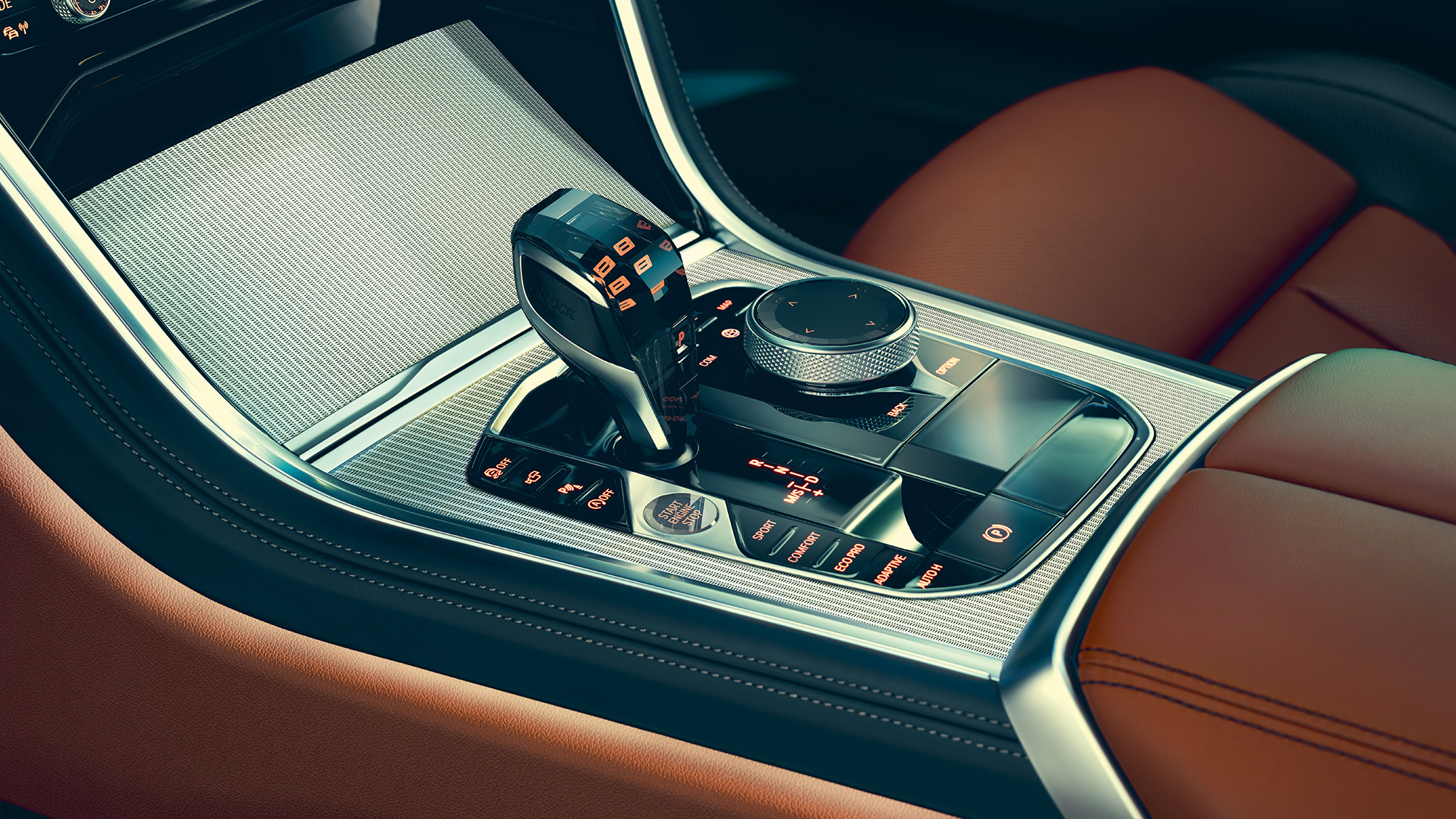 BMW Σειρά 8 Coupé, εσωτερικό. BMW Σειρά 8 Coupé, Εσωτερικό, κοντινή λήψη από τον επιλογέα ταχυτήτων.