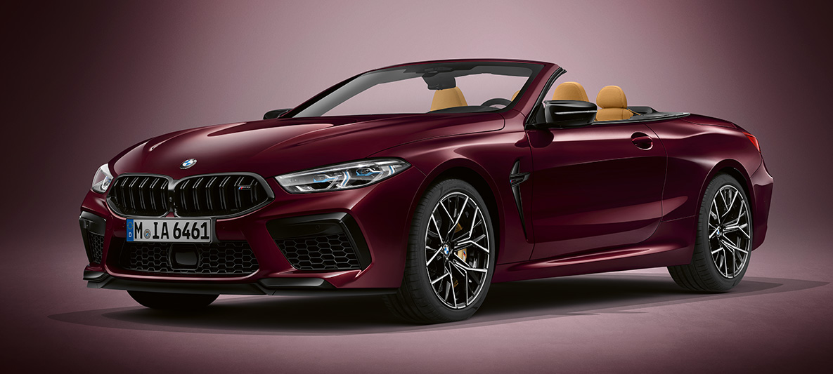 BMW Individual M8 Cabrio σε BMW Individual Ametrine μεταλλικό. BMW Individual M8 Cabrio σε BMW Individual Ametrine μεταλλικό, μπροστινή λήψη τριών τετάρτων.