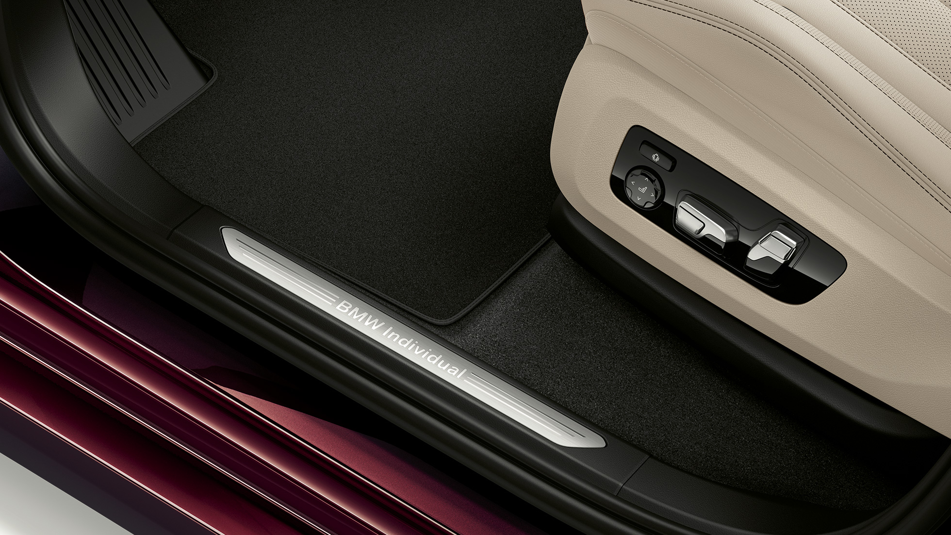 BMW X7, σχεδίαση επενδύσεων καθισμάτων Έκδοσης M Sport Κοντινή λήψη της σχεδίασης επενδύσεων καθισμάτων της BMW X7 με στοιχεία εξοπλισμού της Έκδοσης M Sport