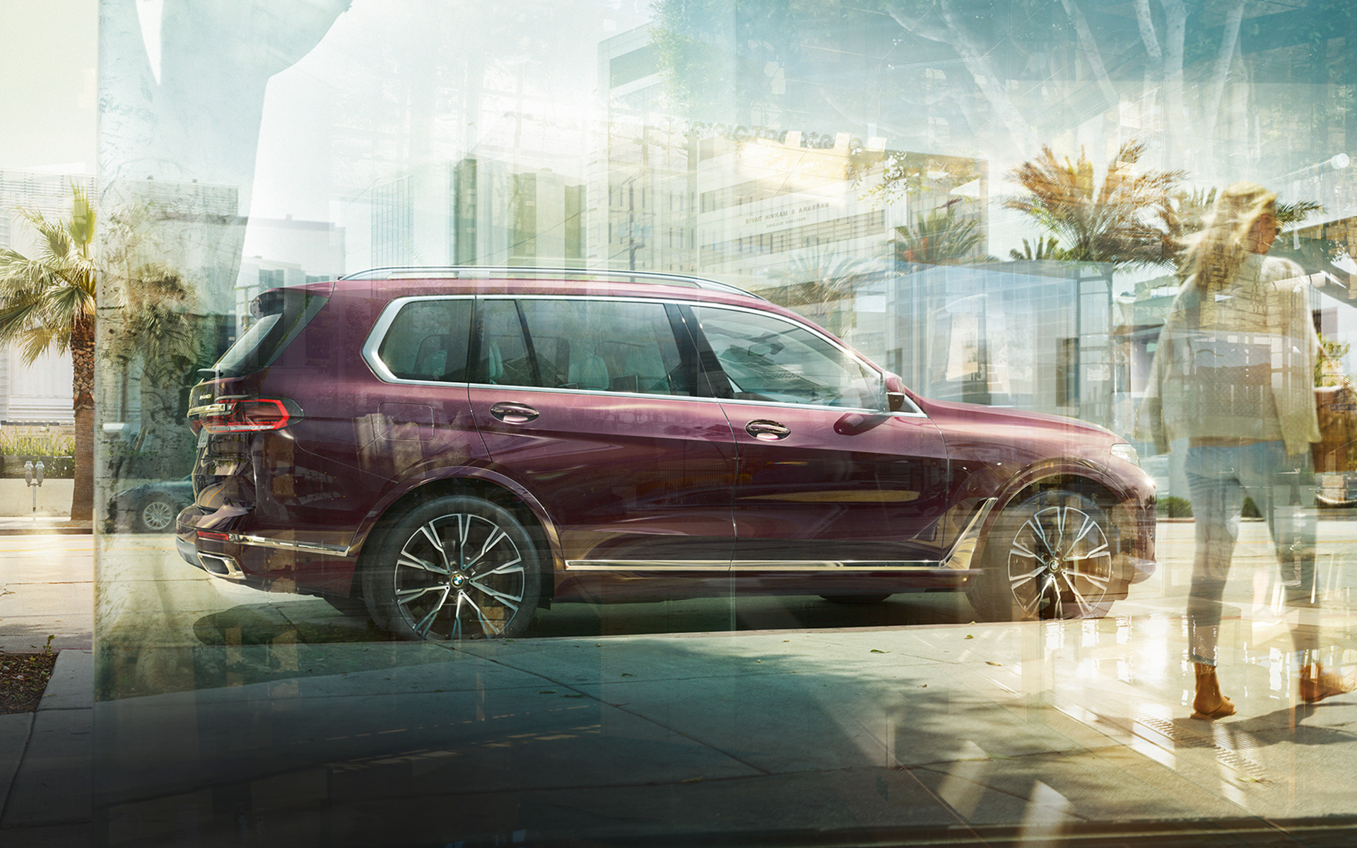 BMW X7 Individual, xDrive40i, G07, 2018, Ametrin μεταλλικό, πλαϊνή λήψη, σταθμευμένη σε πόλη BMW X7 Individual, xDrive40i, G07, 2018, Ametrin μεταλλικό, πλαϊνή λήψη, σταθμευμένη σε πόλη