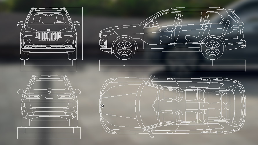 Σχέδια διαστάσεων, BMW X7, G07, LCI Σχέδια διαστάσεων, μπροστινή όψη, πλαϊνή όψη, πίσω όψη, κάτοψη, BMW X7, G07, LCI