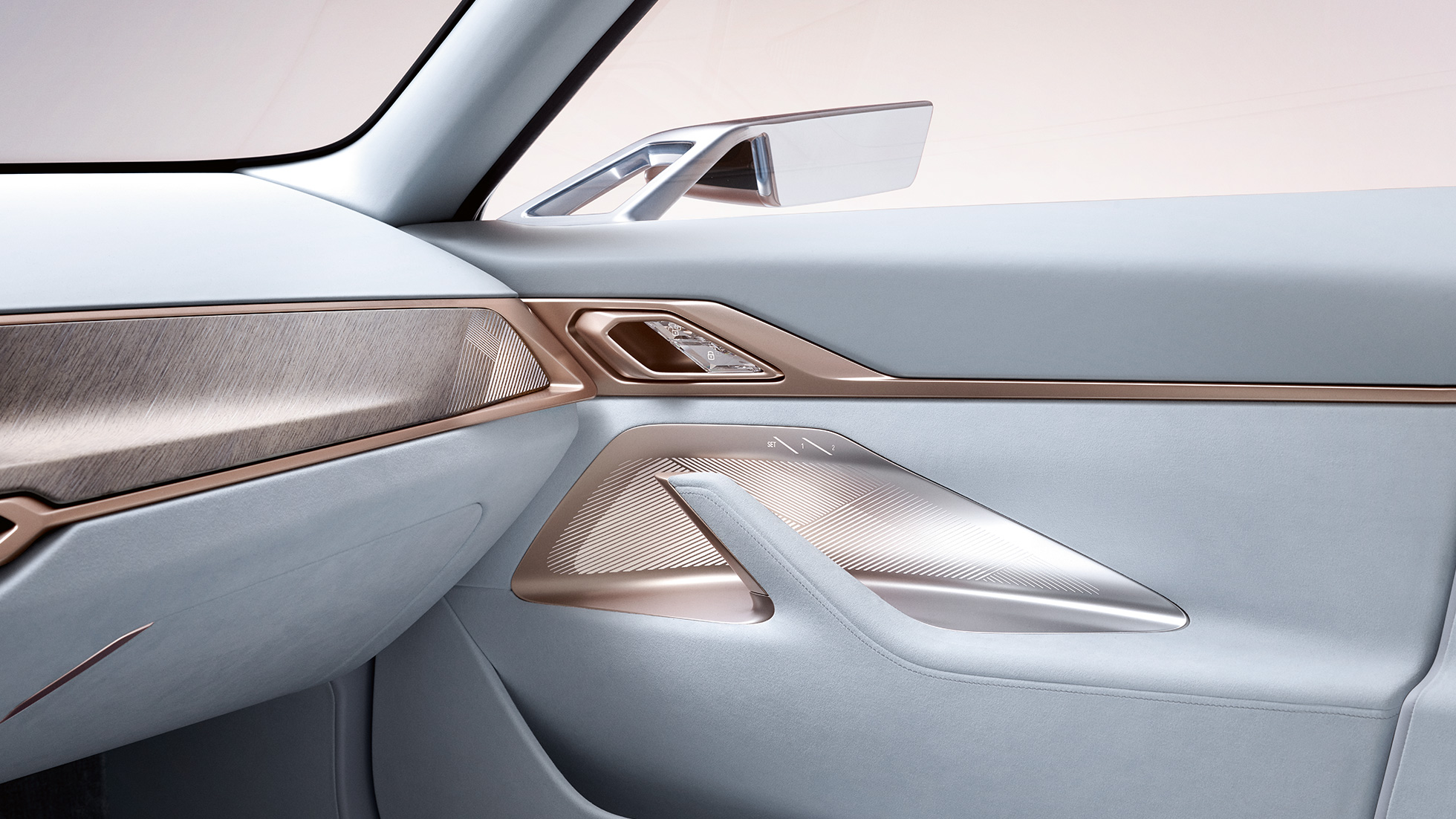 Εσωτερικό BMW i4 Concept 2020 G26 Εσωτερικό BMW i4 Concept 2020 G26, ηλεκτρικό αυτοκίνητο, αμιγώς ηλεκτροκίνητο BMW Gran Coupé κοντινή λήψη στη θύρα με τον εσωτερικό καθρέπτη