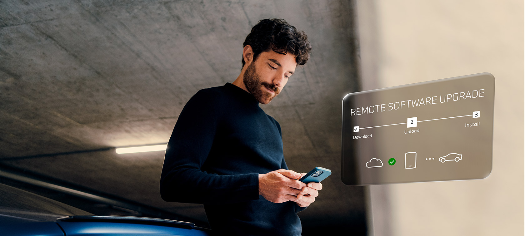 Άντρας μπροστά από μία BMW κοιτάζει το smartphone Απομακρυσμένη Αναβάθμιση Λογισμικού, άντρας μπροστά από μία BMW κοιτάζει το smartphone