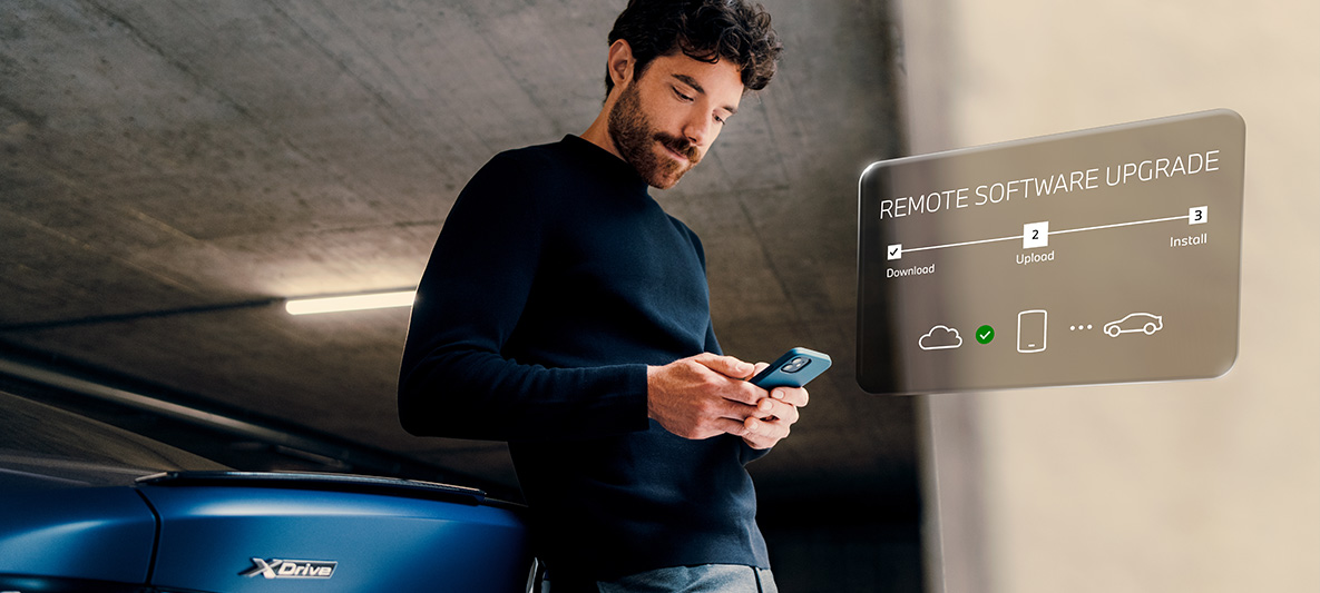 Άντρας στέκεται πίσω από μια BMW και κοιτάει το smartphone του Απομακρυσμένη Αναβάθμιση Λογισμικού, άντρας στέκεται πίσω από μια BMW και κοιτάει το smartphone του